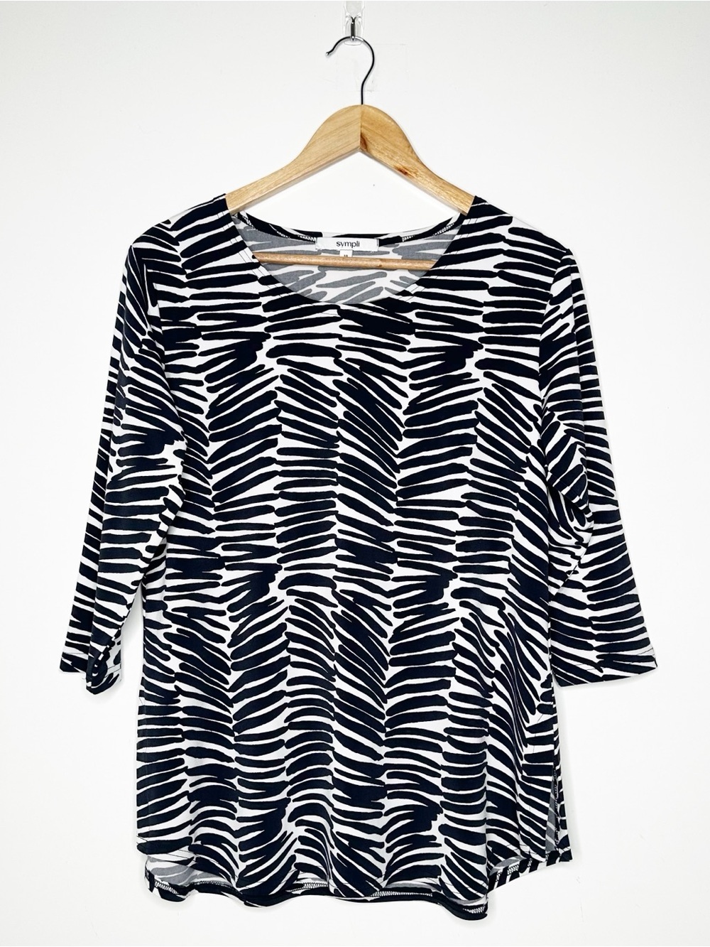 Sympli Black & White Patterned 3/4 Sleeve Top Jersey Knit - Size 10